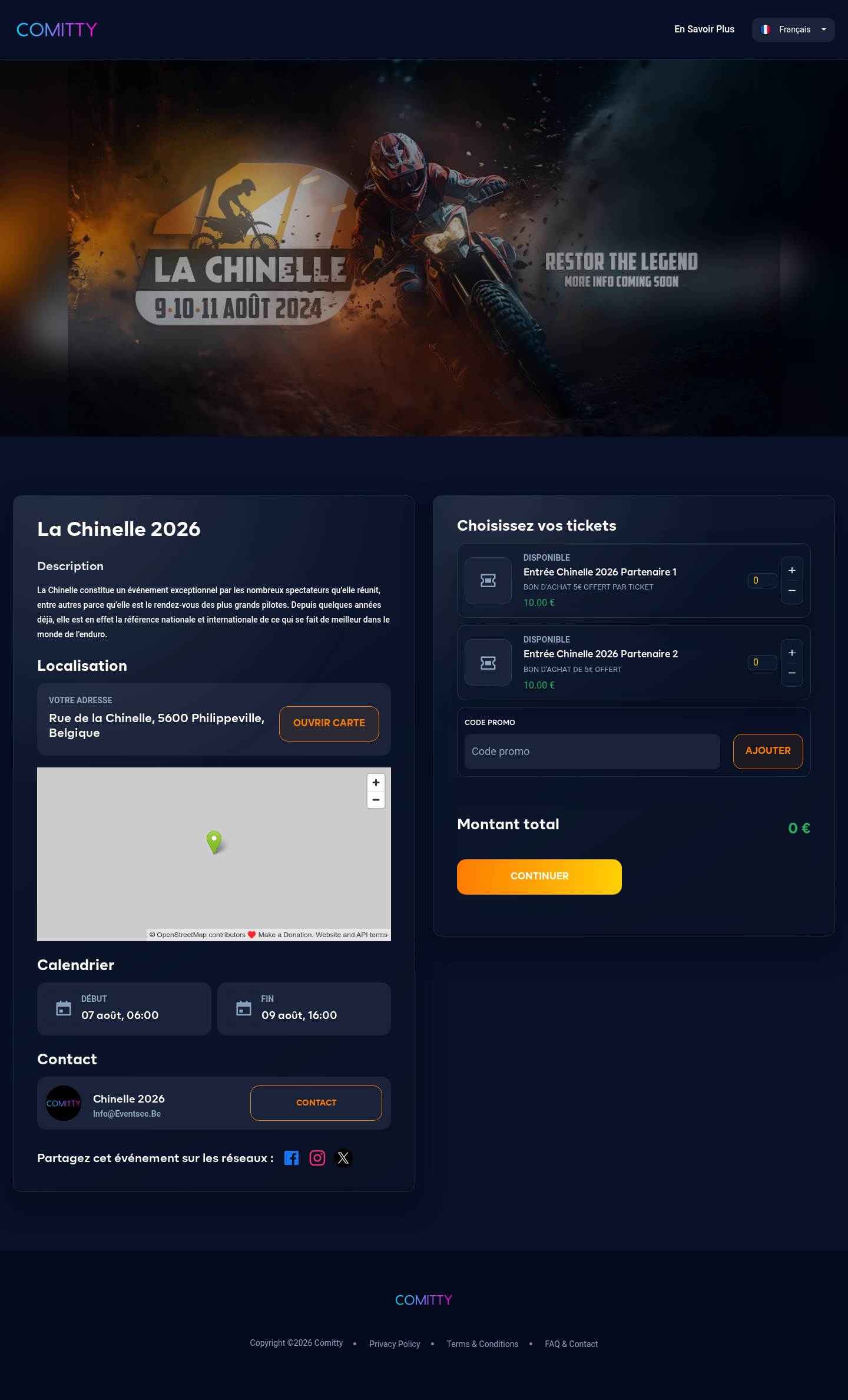 Exemple de page de billetterie Comitty pour La Chinelle 2026